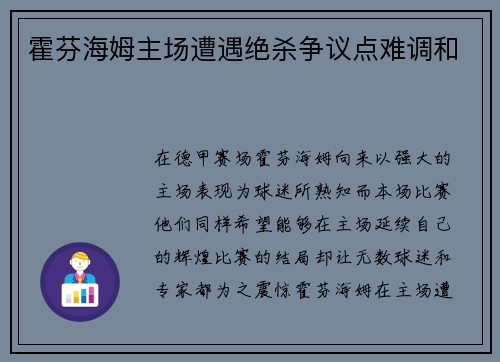 霍芬海姆主场遭遇绝杀争议点难调和