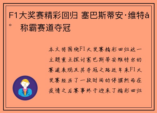 F1大奖赛精彩回归 塞巴斯蒂安·维特尔称霸赛道夺冠